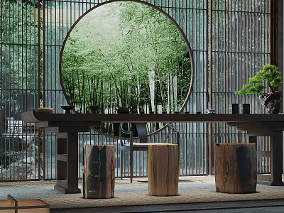 Traditional Tea Room Interior With Circular Bamboo View Wooden Table And Stools 3d model