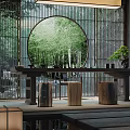 Traditional Tea Room Interior With Circular Bamboo View Wooden Table And Stools
