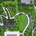 Curved White Pathways In Lush Green Garden Landscape With Dense Trees And Architectural Structures