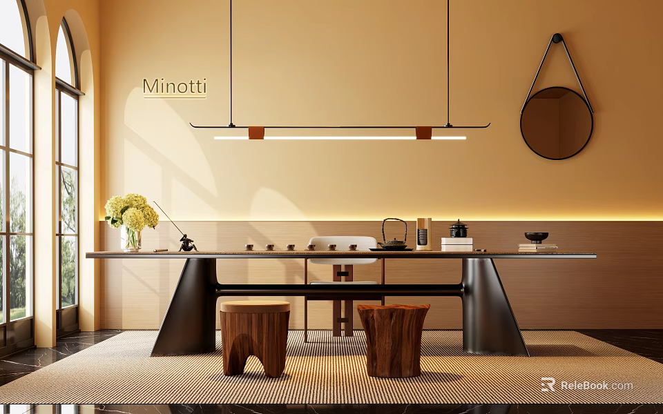 Modern Tea Table and Chairs Featuring Hanging Lamp Yellow Flowers and Round Mirror on Rug 3d model 