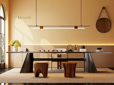 Modern Tea Table and Chairs Featuring Hanging Lamp Yellow Flowers and Round Mirror on Rug 3d model