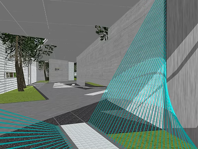 Modern Garden Landscape With Gray Walls Paved Ground Green Lawn Trees And Blue Art Installations 3d model