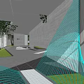 Modern Garden Landscape With Gray Walls Paved Ground Green Lawn Trees And Blue Art Installations