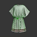 Elegant White Short Sleeved Dress with Belt and Red White Striped Hem Design