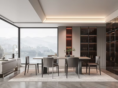 Modern Restaurant Interior With Large Windows Scenic View Dining Table And Wine Rack 3d model
