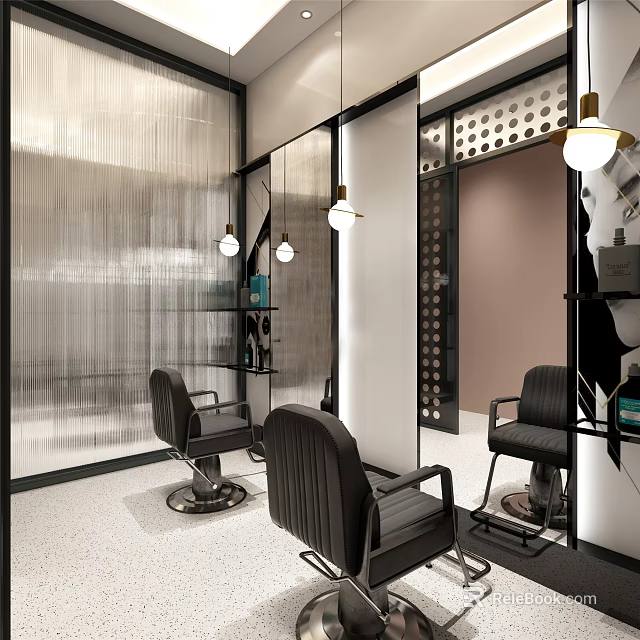 Modern Hair Salon Interior With Black Barber Chairs Mirrors And Stylish Pendant Lights 3d model 