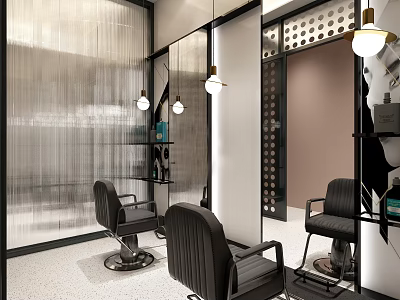 Modern Hair Salon Interior With Black Barber Chairs Mirrors And Stylish Pendant Lights 3d model