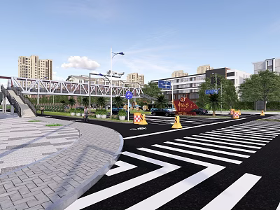 Urban Road Infrastructure At Intersection With Zebra Crossing Traffic Cones And Street Lamps 3d model