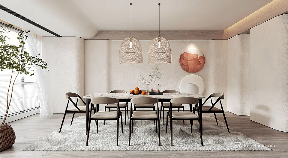 Stylish Modern Restaurant Interior With Dining Table Chairs And Pendant Lights 3d model