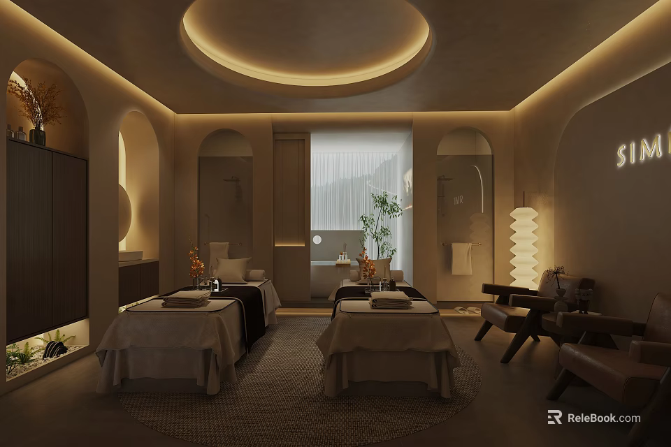 Luxury SPA Sauna Interior With Massage Tables Warm Lighting And Natural Plants 3d model 