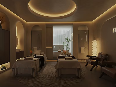 Luxury SPA Sauna Interior With Massage Tables Warm Lighting And Natural Plants 3d model