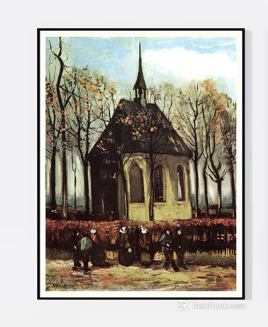 Landscape Painting of Country Church With Steeple Autumn Trees and People 3d model 