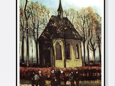 Landscape Painting of Country Church With Steeple Autumn Trees and People 3d model