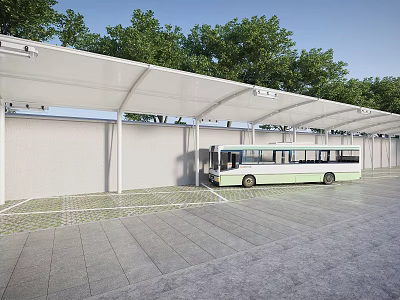 Modern Bus Canopy Covering Vehicle with Paved Ground and Green Trees 3d model