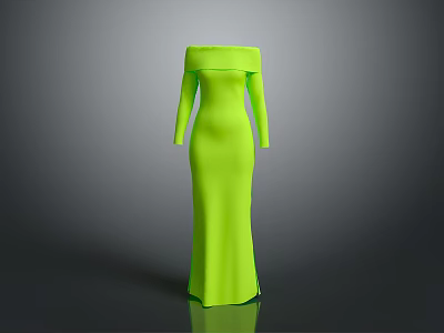 Neon Green Off The Shoulder Long Sleeve Fitted Elegant Evening Dress Design 3d model