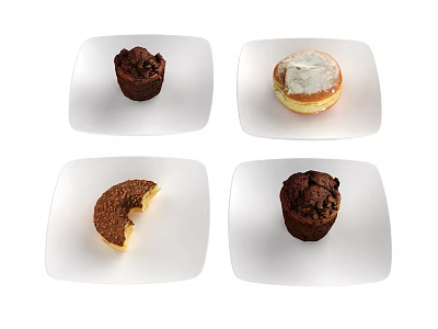 Fresh Chocolate Muffins and Donuts on White Plates with Delicious Look 3d model