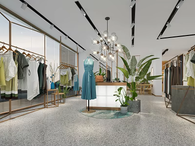 Modern Clothing Store Interior With Clothes on Racks Mannequin in Dress Plants and Display Counter 3d model