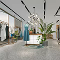 Modern Clothing Store Interior With Clothes on Racks Mannequin in Dress Plants and Display Counter