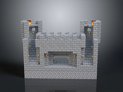 3D Castle Model With Gray Brick Structure Towers Flame Decorations And Lights 3d model