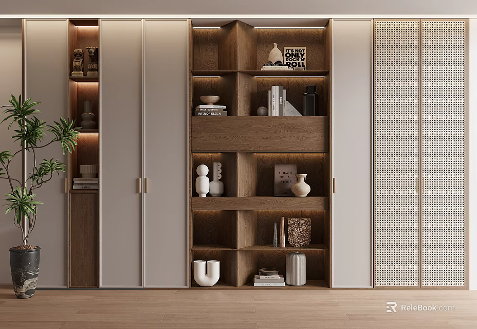 Modern Wooden Bookcase Interior With Layered Shelves White Doors Lattice Panels And Decorative Items 3d model 