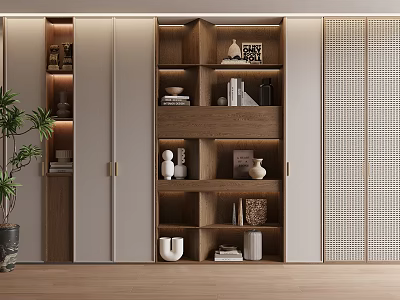 Modern Wooden Bookcase Interior With Layered Shelves White Doors Lattice Panels And Decorative Items 3d model