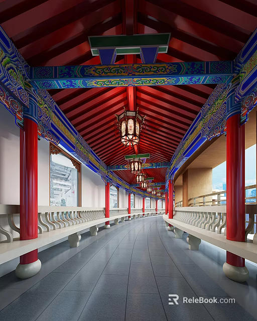 Traditional Chinese Garden Corridor Featuring Red Pillars Colorful Roof Decorations And Hanging Lanterns 3d model 