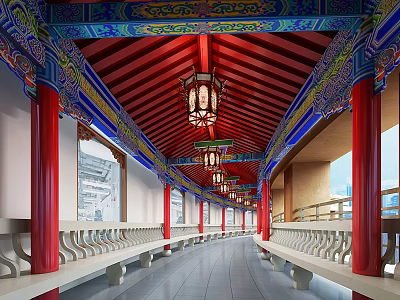 Traditional Chinese Garden Corridor Featuring Red Pillars Colorful Roof Decorations And Hanging Lanterns 3d model
