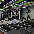 Modern Gym Interior With Fitness Equipment Workout Posters And Colorful Ceiling Pipes