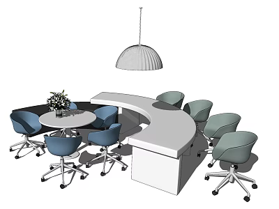 Office Table And Chair Set Featuring Round Table Blue Chairs Curved Countertop And Hanging Lamp 3d model
