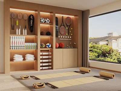 Sports Equipment Display Area With Badminton Tennis Rackets Balls Yoga Mats Towels And Water Bottles 3d model