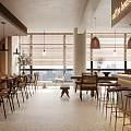 Modern Café Interior With Wooden Furniture Hanging Lamps Dining Tables And City View