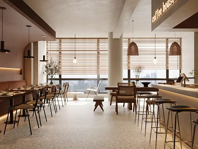 Modern Café Interior With Wooden Furniture Hanging Lamps Dining Tables And City View 3d model
