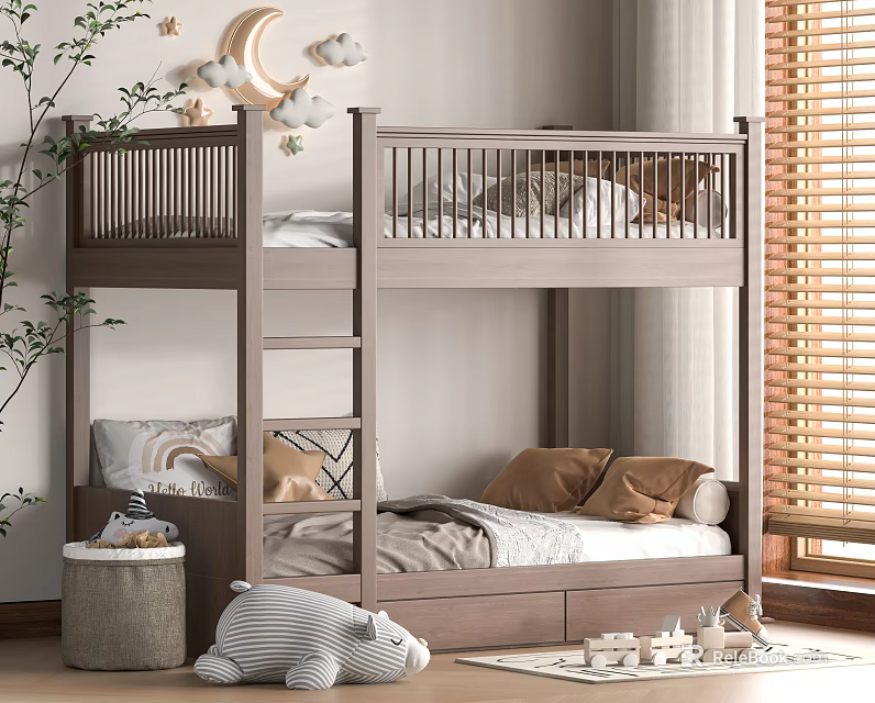 Cozy Wooden Bunk Bed In Kids Bedroom With Pillows Blankets Wall Decor And Toys Plant 3d model 