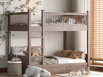 Cozy Wooden Bunk Bed In Kids Bedroom With Pillows Blankets Wall Decor And Toys Plant 3d model