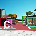 Vibrant Commercial Street Featuring Colorful Container Shops Outdoor Seating Green Umbrellas And Lush Greenery