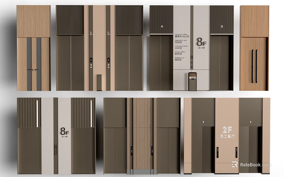 Modern Hotel Elevator Lobby Design With Wooden Panels Metal Accents And Floor Indicators 3d model 
