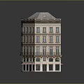 Cartoon Scene of Multi Story Curved Corner Building With Storefront Awnings and Tiled Roof