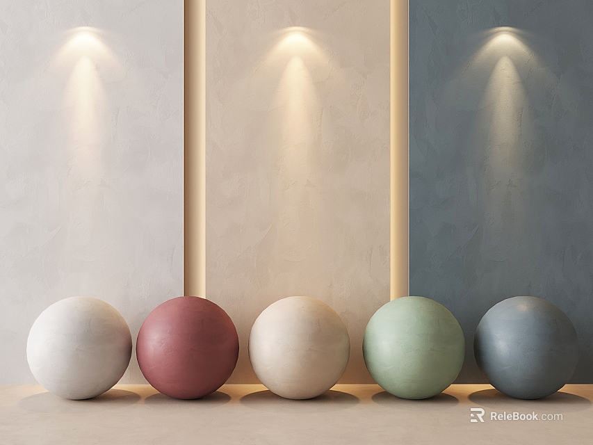 Light Beige And Dark Gray Wall Design With Wall Lamps And Colored Spheres In Front 3d model 