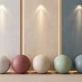 Light Beige And Dark Gray Wall Design With Wall Lamps And Colored Spheres In Front