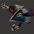 Fantasy Style Man In Blue And Gold Outfit With Feathered Hat Holding Weapon