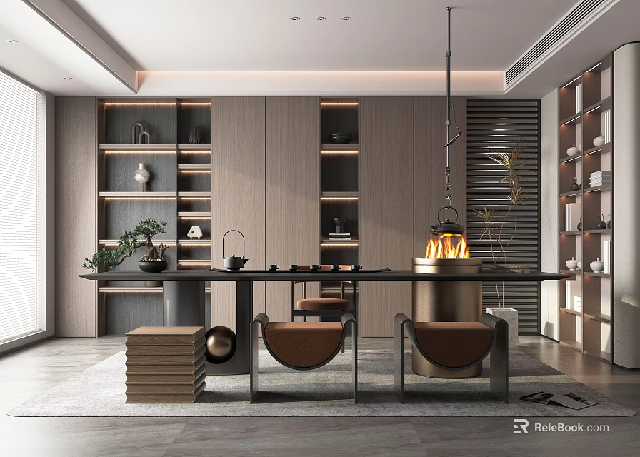 Modern Minimalist Tea Room With Long Table And Seating 3d model 
