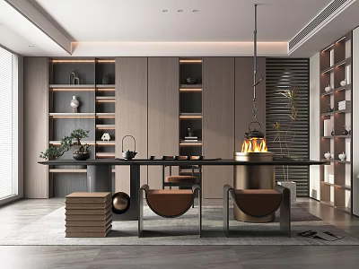Modern Minimalist Tea Room With Long Table And Seating 3d model