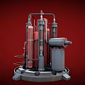 Complex Industrial Equipment With Cylindrical Towers Pipes Valves And Pressure Gauges