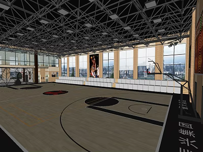 Bright Basketball Court With Wooden Floor Tall Windows Basketball Hoops And Wall Murals 3d model