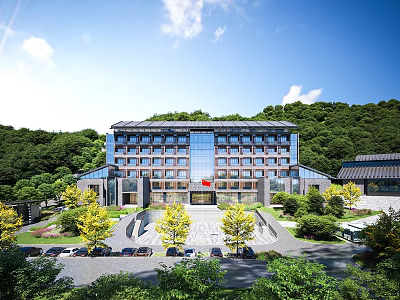 Modern School Building Exterior with Glass Curtain Wall Green Trees and Lawn Area 3d model