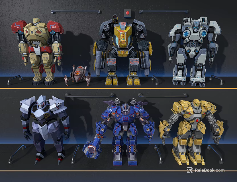 Colorful Robot Decorative Figurine Set with Various Designs on Display Shelf 3d model 