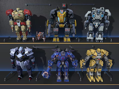 Colorful Robot Decorative Figurine Set with Various Designs on Display Shelf 3d model