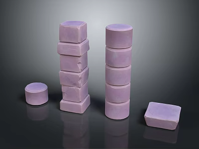 Purple Geometric Cubes And Cylinders Stacked With Single Pieces On Dark Background 3d model