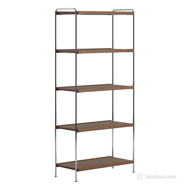 Modern Minimalist Multi Tier Wooden Storage Shelf With Thin Metal Frame For Home Organization 3d model 