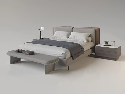 Modern Double Bed With Gray Headboard White Pillows Gray Blanket Nightstands Lamp Plant And Footstool 3d model
